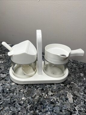 Westinghouse Gemco glass creamer and sugar set with a white plastic caddy